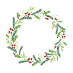 Christmas vector illustration of floral wreath isolated on white background. Circle frame of season greeting card.