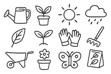 Simple gardening icons - tools, plants, sun, rain