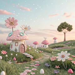 Whimsical Pastel Landscape with Miniature Flower Sculptures