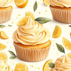 Lemon cake seamless pattern on white background. Generatice AI