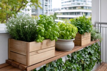 Aromatic herbs growing in wooden boxes and pots on balcony