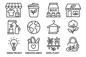 Eco-friendly icons for sustainability and zero waste living