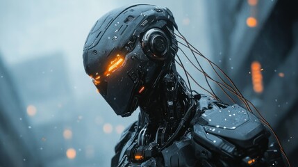 Fototapeta premium Advanced robot soldier, cables connected to his mechanical limbs, background wallpaper AI generated image
