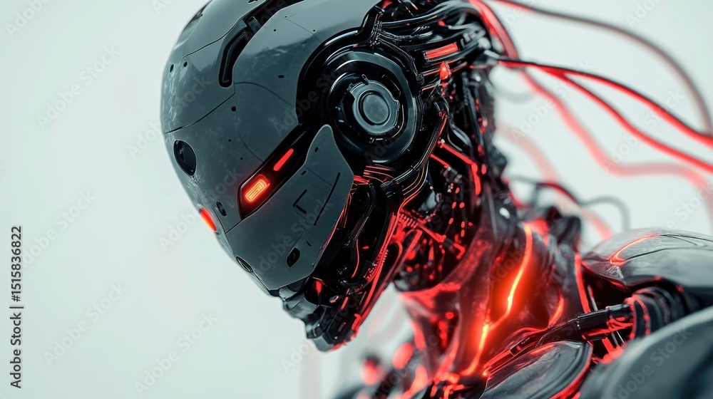 Poster advanced cyber robot soldier with enhanced cables from head, background wallpaper ai generated image