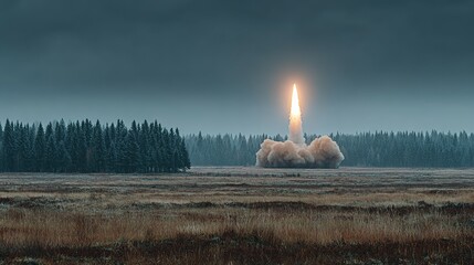 Fototapeta premium Missile launch over a field of tall grass and a line of evergreen trees.