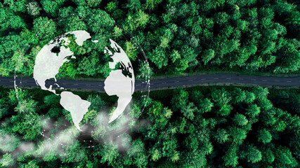 EV car, Electric car or hydrogen energy car on road midst forest and natural. Environmental friendly travel. Sustainable transportation and green logistic to Net zero carbon emission for Save earth.