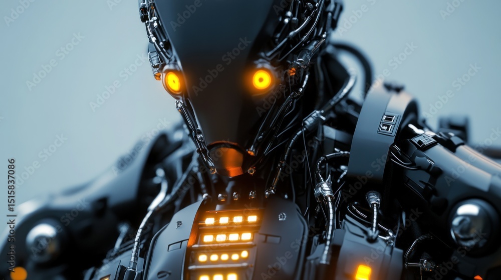 Poster advanced combat robot with complex wiring system on its chest and arms, flashing lights background w