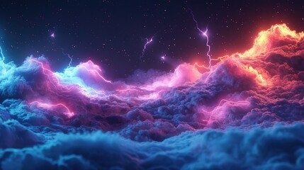 Fototapeta premium Neon lightning strikes an alien ocean under a binary star sky, illuminating waves with glowing colors