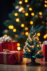 Small toy Christmas tree near gifts, close-up, professional photo, stock photography