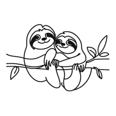two sloths on a branch  simple continuous one line drawing . Transparent background png file
