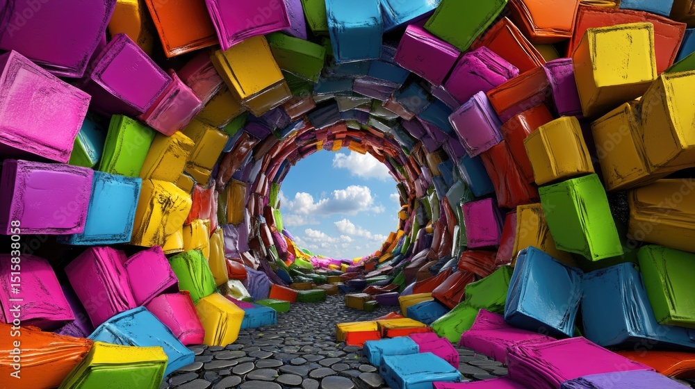 Poster vivid psychedelic vortex of geometric color shapes forming a surreal tunnel