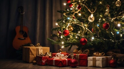 Beautiful Christmas tree with light toys and lights, under it as a Christmas gift a guitar, clear professional stock photo