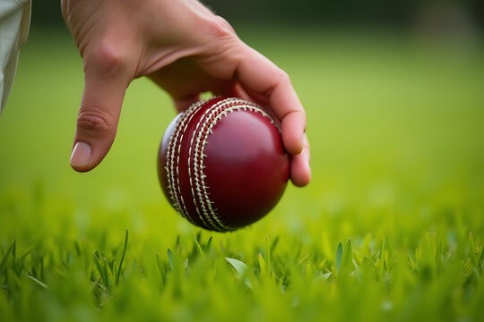 Fielder’s hand inches above grass, fingertips about to catch cricket ball. AI-generated