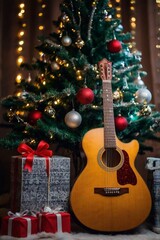 Beautiful Christmas tree with light toys and lights, under it as a Christmas gift a guitar, clear professional stock photo