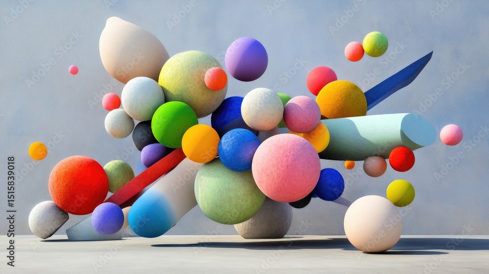Poster surreal 3d render of smooth pastel balls arranged in a dreamlike composition