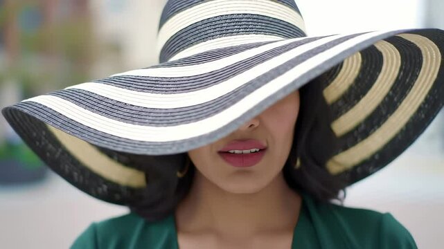 Elegant sophisticated woman wearing a large striped sun hat gazes alluringly at the camera outdoors