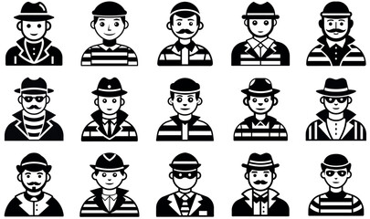 Collection of Black and White Cartoon Thief and Prisoner Icons