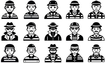 Obraz premium Collection of Black and White Cartoon Thief and Prisoner Icons