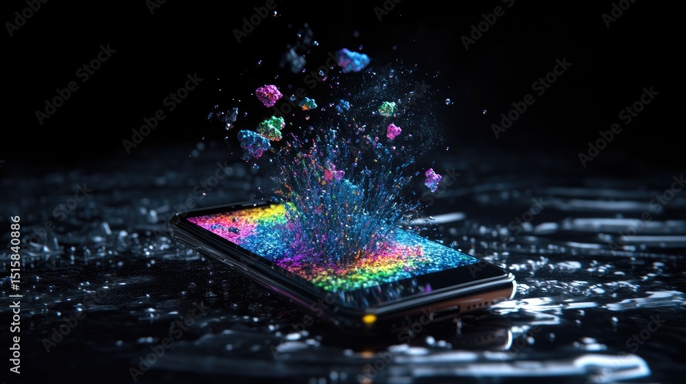 Aufkleber Smartphone displaying animated particles in glowing colors on dark modern interface
