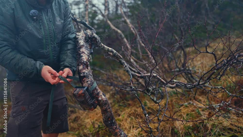 Poster man installing trail camera on a tree. - closeup shot