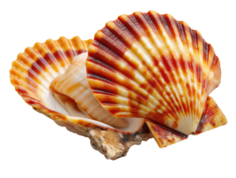 Scallop Shell Close-up: A vibrant scallop shell, showcasing its intricate ribbed pattern and warm orange and brown hues, rests on a small rock. Its detailed texture and elegant form are captivating.