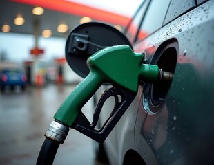 High-quality close-up of a car fueling at a gas station, showcasing a green pump nozzle inserting fuel into a vehicle. Ideal for automotive, transportation, and energy themes.