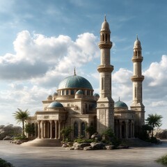 Naklejka premium Magnificent Mosque Architecture with Twin Minarets, Intricate Details, and Serene Garden Under a Bright Cloudy Sky.