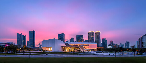 Fototapeta premium Pink Sunset Over Modern City Skyline