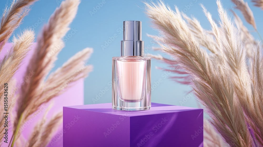 Poster Peach-toned skincare bottle displayed on purple cube with pampas grass in background