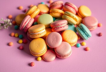 Vibrant pastel macarons on matte surface