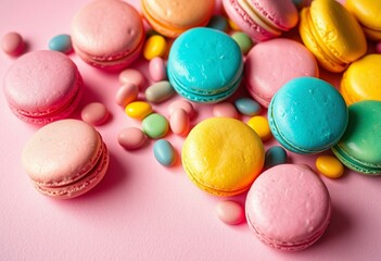 Fototapeta premium Vibrant and colorful macaron arrangement on matte surface