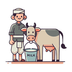 Asian Farmer with Cow Holding a Bucket of Milk Wearing Traditional Clothes Illustration