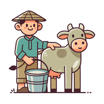 farmer petting cow with milk bucket clip art preview