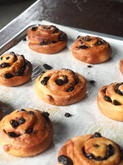 cinnamon and raisin bread rolls on baking tray