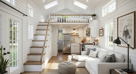 Modern tiny house interior design with loft bedroom