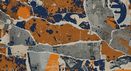 Fototapeta premium Abstract Torn Paper Collage Texture Dark Blue, Orange, and Gray Splashes, Grunge Urban Style