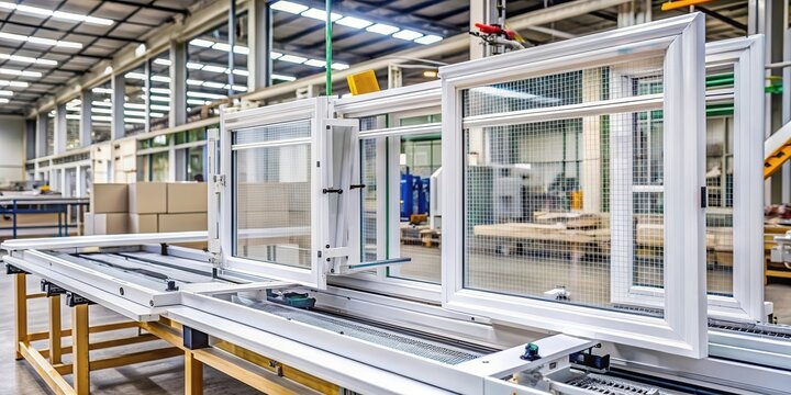 A machine assembling a PVC plastic window frame into a net-like structure with mesh panels, set on a factory production line floor