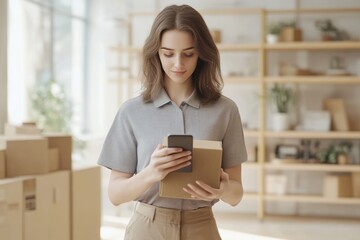 A young woman stands in an open-plan office space, holding a medium size cardboard box,  moving or organizing 
