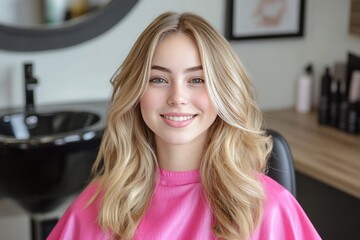 ight-skinned woman, likely in her twenties, sits in a salon chair ,  pleasant, smiling  iin a professional hair salon ears a shiny, vibrant, wearing hot pink hair cape
