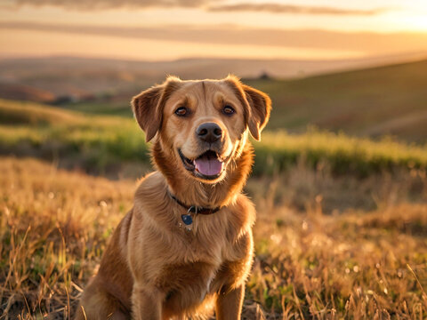 Happy golden retriever dog in sunset field