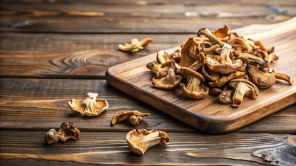 Fototapeta premium Dryed mushrooms on a wooden cutting board, mycology, dried mushrooms, mycology