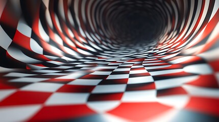 Abstract checkerboard tunnel in red white and black tones forming a vortex