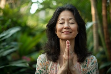 A middle aged Korean women clasped her hands together in front of her chest, in a peaceful pose, serene,  contemplative and  peaceful, evoking a sense of tranquility and well-being
