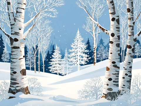 Snowy birch trees winter wonderland forest scene