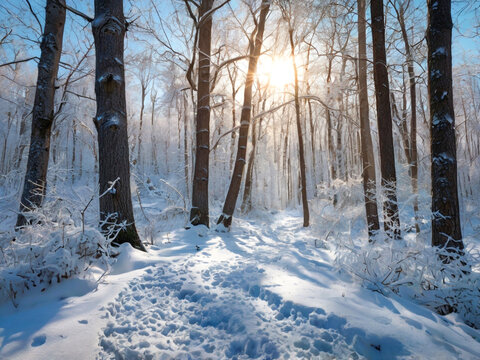 Sunlit winter forest path snow covered trees