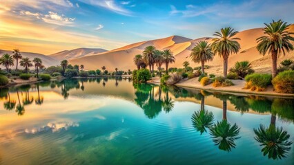 Turquoise waters of Huacachina Oasis reflecting palm trees and sandy dunes amidst arid Peruvian landscape at sunset
