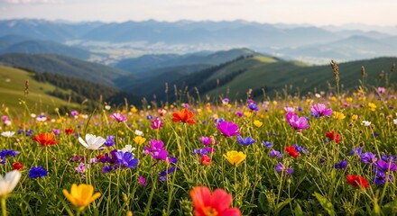 Vibrant Wildflower Meadow in Mountain Valley A Breathtaking Summer Landscape