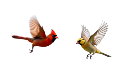 Northern cardinal and yellow bird in flight