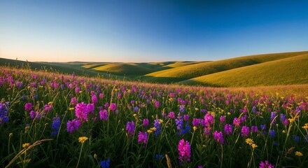 Fototapeta premium Vibrant Wildflower Meadow A Serene Landscape at Sunrise