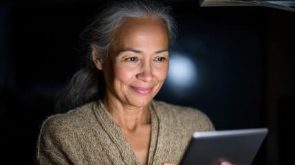 Elderly asian female enjoying tablet at night